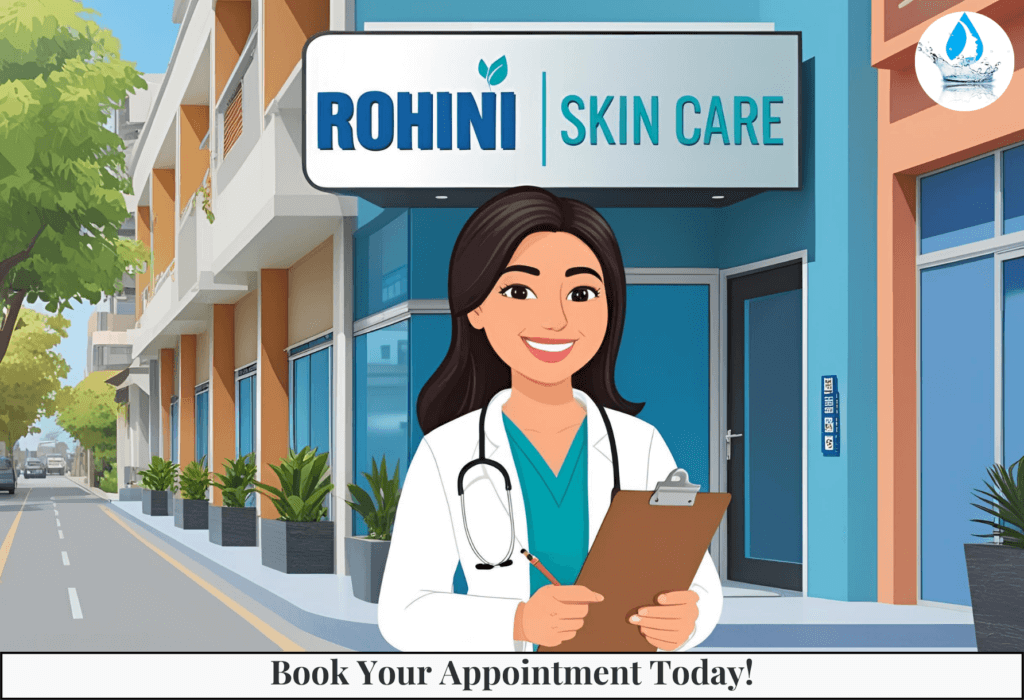 A healthcare professional in a white coat holds a clipboard outside Rohini Skin Care, with a welcoming street view in the background.